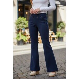 Trina Turk Button Front Sailor Style Flare Dress Pants  Size 4  Navy Side Zip